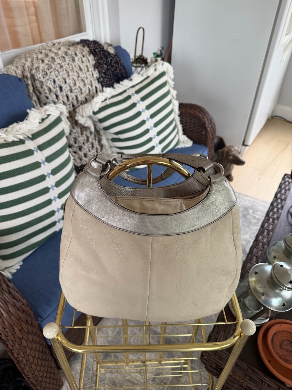 Coach Beige Leather Shoulder Bag with Metallic Taupe Trim - Picture 2 of 9
